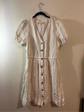 LOFT dress women’s SZ 10 striped linen button-front midi short puff sleeves tan